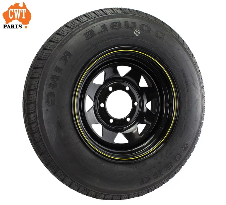 Black Sunraysia 6 stud LC 15″ rim 15×7 Inch PCD 6X139.7 LOAD RATING 1150KG with 225/70R15 light truck tyre