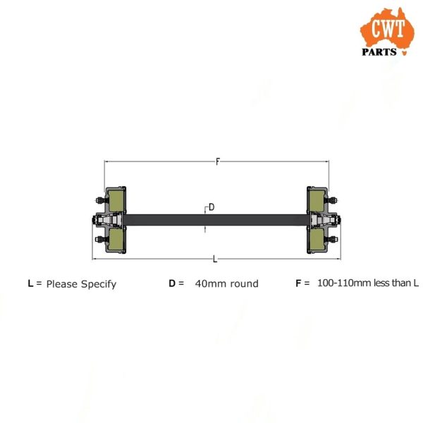 Lazy (Unbraked) Axle 40mm Square, Complete with Ford,/Holden/LC Hubs, LM bearings packed - 1000kg rated (NOTE: The bearings that come standard with the complete assembled axles are Chinese brand. Option to upgrade is below) - Image 2