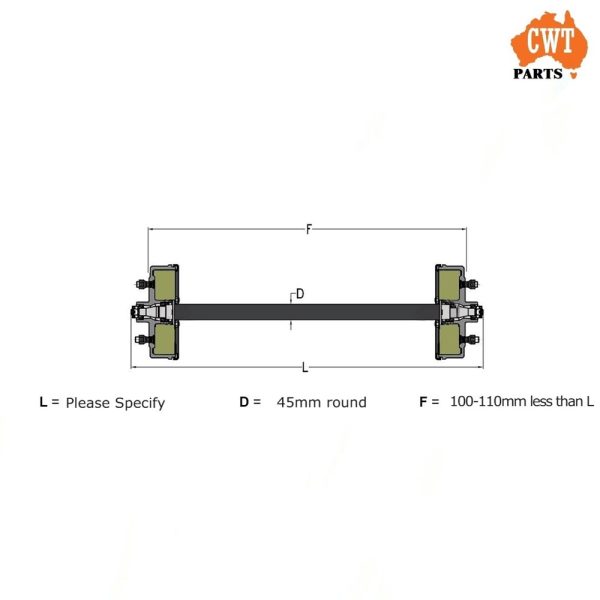 Mechanical Axle 45Sq, Complete with Backing Plates, Ford/Holden/ LC 9" Drums - SL bearings packed - 1400kg rated (NOTE: The bearings that come standard with the complete assembled axles are Chinese. Option to upgrade is available) - Image 2